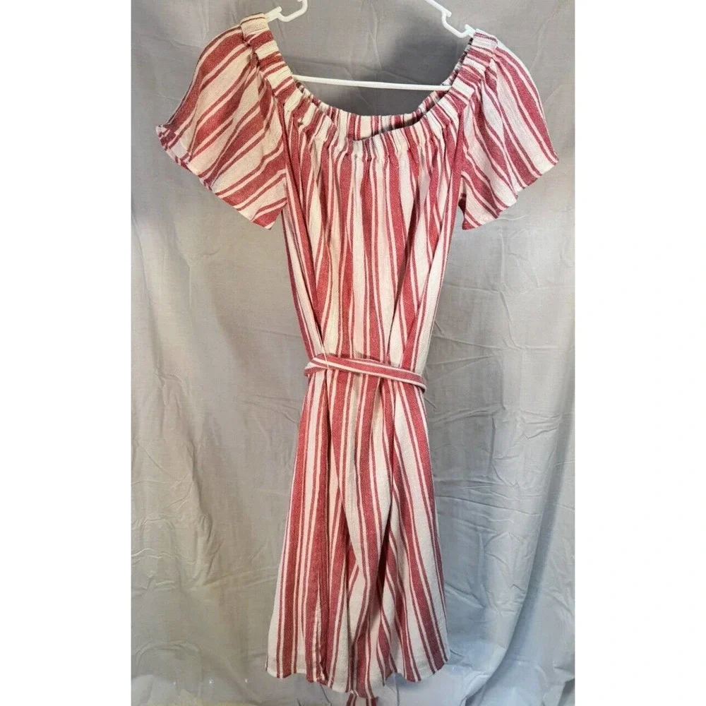 MICHAEL KORS Ruffled Off Shoulder Midi Dress Tie Belt Red Stripe‎ Size S